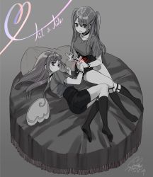Rule 34 | 2girls, absurdres, bracelet, choker, closed mouth, dated, geshumaro, grey background, holding hands, heart, heart of string, high-waist shorts, highres, jewelry, long hair, looking at viewer, lying, multiple girls, o-ring, o-ring choker, on side, original, round bed, shirt, short shorts, short sleeves, shorts, signature, simple background, sitting, smile, socks, spiked bracelet, spikes, string, string of fate, twintails