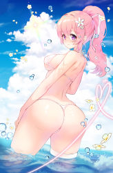 Rule 34 | 1girl, apple caramel, ass, bad id, bad pixiv id, beach, bikini, breasts, curvy, from behind, hand on own hip, highres, huge ass, in water, large breasts, long hair, looking at viewer, looking back, medium breasts, original, pink hair, ponytail, purple eyes, sideboob, solo, standing, swimsuit, thick thighs, thigh strap, thighs, thong bikini, wading, wet