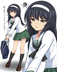 1girl absurdres bag black_hair black_neckerchief black_socks blouse brown_eyes brown_footwear commentary frown girls_und_panzer green_skirt hairband half-closed_eyes highres holding holding_bag leaning_forward loafers long_hair long_sleeves looking_at_viewer miniskirt neckerchief ooarai_school_uniform open_mouth pleated_skirt reizei_mako sailor_collar school_bag school_uniform serafuku shirt shoes simple_background skirt socks solo spoken_squiggle squiggle standing translated white_background white_hairband white_sailor_collar white_shirt zaofeng zoom_layer