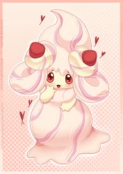 Rule 34 | alcremie, alcremie (strawberry sweet), alcremie (vanilla cream), border, brown eyes, creatures (company), food, fruit, game freak, gen 8 pokemon, gradient border, heart, highres, looking at viewer, nintendo, no humans, open mouth, pink background, pink border, pokemon, pokemon (creature), polka dot, polka dot background, smile, solo, standing, strawberry, takoto, watermark, web address