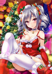 Rule 34 | 10s, 1girl, ankle boots, bare shoulders, bell, blush, boots, breasts, christmas tree, drill hair, elbow gloves, fur-trimmed boots, fur trim, gloves, hat, idolmaster, idolmaster cinderella girls, kanzaki ranko, long hair, looking at viewer, nipples, one eye closed, purple eyes, red footwear, red gloves, santa hat, silver hair, sitting, smile, solo, sweat, tears, thighhighs, twin drills, urabi (tomatohouse), white thighhighs