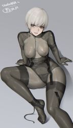 Rule 34 | 1girl, absurdres, arm support, bodysuit, breasts, commentary request, commission, covered erect nipples, grey background, highres, kurone rinka, laughing octopus, legs, lips, long sleeves, looking at viewer, medium breasts, metal gear (series), metal gear solid 4: guns of the patriots, parted lips, see-through, shadow, shiny clothes, short hair, simple background, skeb commission, skin tight, smile, solo, white hair