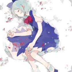 Rule 34 | 1girl, ankle socks, bad drawr id, bad id, blue bow, blue dress, bow, bowtie, cirno, closed eyes, closed mouth, dress, feet out of frame, from side, hair bow, hand up, jaggy lines, knees together feet apart, lying, medium dress, oekaki, okara (cacacerulean), on ground, on side, petals, pinafore dress, red bow, red bowtie, shadow, short hair, short sleeves, sleeping, sleeveless, sleeveless dress, snow, socks, solo, touhou, white socks