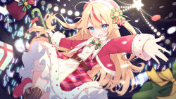 Rule 34 | 1girl, ahoge, bell, belt, belt buckle, blonde hair, blurry, blurry foreground, blush, bow, buckle, buttons, cane, chidori hina, christmas, collared jacket, concert, cropped jacket, dress, frilled dress, frills, fur trim, gift, glowstick, hair between eyes, hat ornament, highres, holding, holding cane, jacket, leg up, lens flare, long hair, looking at viewer, mameyanagi, multicolored clothes, multicolored hair, multicolored legwear, official art, open mouth, outstretched arms, penlight (glowstick), pinstripe legwear, pinstripe pattern, plaid, plaid dress, red footwear, red headwear, red jacket, ribbon, santa costume, smile, solo focus, stage lights, star (symbol), streaked hair, string lights, striped clothes, striped thighhighs, thighhighs, throwing, two-tone legwear, vertical-striped clothes, vertical-striped thighhighs, virtual youtuber, white fur