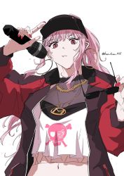 Rule 34 | 1girl, baseball cap, black hat, black jacket, breasts, camisole, closed mouth, commentary, crop top, crop top overhang, earrings, english commentary, expressionless, fishnets, harutimu, hat, highres, holding, holding microphone, holding removed eyewear, hololive, hololive english, hoop earrings, jacket, jewelry, long hair, looking at viewer, medium breasts, microphone, mori calliope, mori calliope (streetwear), multicolored clothes, multicolored jacket, nail polish, navel, necklace, official alternate costume, open clothes, open jacket, pink eyes, pink hair, ponytail, red jacket, red nails, simple background, skull and crossbones, skull print, solo, sunglasses, sweat, twitter username, two-tone jacket, unworn eyewear, upper body, virtual youtuber, white background, white camisole