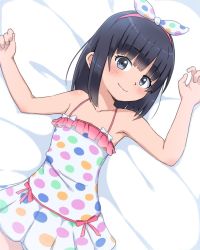 Rule 34 | 1girl, armpits, bad id, bad twitter id, bare shoulders, black hair, blunt bangs, blush, bubukka, closed mouth, collarbone, dress, flat chest, grey eyes, hairband, himenogi rinze, inactive account, looking at viewer, love r, lying, multicolored polka dots, on back, polka dot, polka dot dress, polka dot hairband, short hair, sleeveless, sleeveless dress, smile, solo