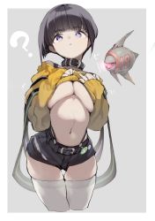 Rule 34 | 1girl, ?, belt, black belt, black collar, black shorts, blunt bangs, bob cut, breasts, closed mouth, collar, grey background, hands on own chest, highres, hyocorou, kyouka jinrui amunero, large breasts, long sleeves, looking at viewer, navel, original, purple eyes, short hair, shorts, simple background, solo, sweater, thighhighs, thighs, underboob, white thighhighs, yellow sweater