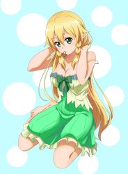 Rule 34 | 1girl, bare arms, bare shoulders, barefoot, blonde hair, bow, braid, breasts, camisole, cleavage, collarbone, commentary request, green bow, green camisole, green eyes, hair between eyes, hair down, hair tie, highres, ken-ji, kneeling, large breasts, leafa, long hair, looking at viewer, mouth hold, off shoulder, pointy ears, sleeveless, solo, sword art online, twin braids, very long hair