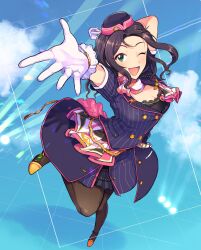 Rule 34 | 1girl, ankle strap, arm up, belt, black hair, black pantyhose, black shirt, breasts, cleavage, cloud, cloudy sky, collarbone, emblem, gloves, green eyes, grid background, hat, highres, hiziki723, idolmaster, idolmaster cinderella girls, idolmaster cinderella girls starlight stage, jacket, jewelry, layered skirt, long hair, medium breasts, necklace, one eye closed, open mouth, pantyhose, purple jacket, reaching, reaching towards viewer, scarf, shirt, short hair, short sleeves, skirt, sky, smile, solo, soma natsumi, spotlight, standing, standing on one leg, white belt, white gloves