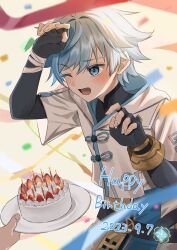 Rule 34 | 1boy, birthday cake, cake, candle, chinese clothes, chongyun (genshin impact), commentary request, confetti, dated, fingerless gloves, food, genshin impact, gloves, happy birthday, highres, holding, holding plate, hood, hoodie, kousuke (ko suke), male focus, one eye closed, open mouth, plate, solo, white hair, white hoodie