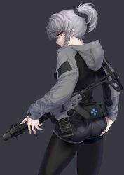 Rule 34 | 1girl, absurdres, alma01, ass, ass support, black pantyhose, black shorts, closed mouth, cowboy shot, from behind, grey background, grey hair, grey jacket, gun, highres, hood, hood down, hooded jacket, jacket, long sleeves, looking at viewer, looking back, mole, mole under eye, original, pantyhose, pantyhose under shorts, purple eyes, rifle, short hair, short ponytail, short shorts, shorts, sidelocks, sig mcx, simple background, solo, suppressor, weapon