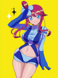 Rule 34 | 1girl, blue eyes, blue shorts, breasts, cowboy shot, creatures (company), game freak, gloves, gym leader, hair ornament, large breasts, looking at viewer, midriff, mokorei, navel, nintendo, pink hair, pokemon, pokemon bw, salute, short shorts, shorts, sidelocks, skyla (pokemon), smile, solo, sparkle, standing, thigh gap, thighs, yellow background