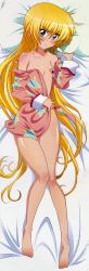Rule 34 | 1girl, absurdres, barefoot, bed, bed sheet, blonde hair, blush, bottomless, breasts, dakimakura (medium), feet, female focus, from above, full body, green eyes, hayate no gotoku!, highres, huge filesize, knees together feet apart, legs, long hair, long image, looking at viewer, lying, no panties, on back, on bed, open clothes, open shirt, pajamas, pillow, pillow grab, sanzen&#039;in nagi, shirt, small breasts, solo, tall image