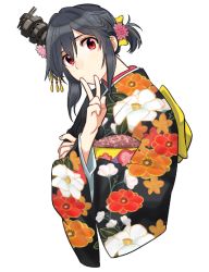 Rule 34 | 1girl, alternate costume, black hair, black kimono, commentary request, floral print, flower, hair flower, hair ornament, head tilt, japanese clothes, kantai collection, kimono, low ponytail, red eyes, sagamiso, short hair, short ponytail, simple background, solo, v, white background, yamashiro (kancolle)