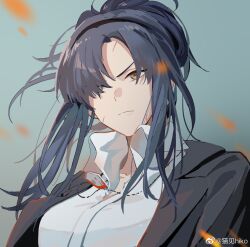 Rule 34 | 1girl, angelia (girls&#039; frontline), black hair, black jacket, breasts, collared shirt, commentary request, dog tags, frown, girls&#039; frontline, grey eyes, hair over one eye, jacket, mao jian hiko, medium breasts, open collar, scar, scar on face, serious, shirt, solo, upper body, weibo watermark, white shirt