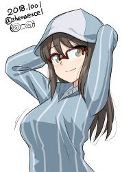 Rule 34 | 10s, 1girl, absurdres, arms behind head, blue hat, blue shirt, brown eyes, brown hair, closed mouth, commentary, dated, dress shirt, girls und panzer, glasses, glasses day, hat, highres, keizoku school uniform, lips, long hair, long sleeves, looking at viewer, mika (girls und panzer), one-hour drawing challenge, over-rim eyewear, red-framed eyewear, school uniform, semi-rimless eyewear, shiina excel, shirt, simple background, smile, solo, standing, striped clothes, striped shirt, twitter username, upper body, vertical-striped clothes, vertical-striped shirt, watermark, white background, white shirt