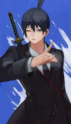 Rule 34 | 1boy, bad id, bad twitter id, black hair, black jacket, black necktie, blue background, blue eyes, chainsaw man, collared shirt, earrings, formal, fox shadow puppet, gun sling, hayakawa aki, highres, jacket, jewelry, katana, looking at viewer, necktie, one eye closed, riu lico, shirt, short hair, simple background, solo, stud earrings, suit, sword, topknot, weapon, weapon on back, white shirt