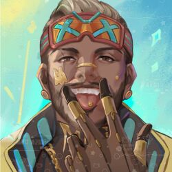 Rule 34 | 1boy, adoris, apex legends, artist name, blonde hair, blue background, brown eyes, brown gloves, chinese commentary, chinese text, commission, cunnilingus gesture, gloves, goggles, goggles on head, highres, jacket, lit witt mirage, male focus, mirage (apex legends), official alternate costume, piercing, portrait, second-party source, short hair, smile, solo, tongue, tongue out, tongue piercing, v, watermark, yellow jacket