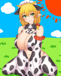 Rule 34 | 1girl, animal ears, animal print, ascot, between legs, bikini, blonde hair, blue sky, breasts, cleavage, closed mouth, cloud, commentary request, cow ears, cow girl, cow horns, cow print, detached collar, detached sleeves, etan14, grass, green eyes, hair between eyes, hand between legs, highres, horns, huge breasts, long hair, looking at viewer, navel, original, pointy ears, print ascot, print bikini, print sleeves, print thighhighs, sky, smile, solo, spread legs, sun, swimsuit, thighhighs, wide sleeves