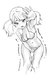 Rule 34 | 1girl, arm up, bare shoulders, between legs, bikini, blush, breasts, breath, cleavage, collarbone, cropped legs, embarrassed, female focus, greyscale, hand between legs, have to pee, long hair, looking at viewer, lowres, mal (malmlamal), medium breasts, monochrome, navel, nose blush, open mouth, original, outstretched arm, simple background, skindentation, solo, standing, stomach, swimsuit, trembling, twintails, white background