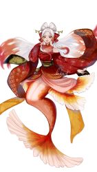 Rule 34 | 1girl, absurdres, artist name, fish, full body, goldfish, gradient hair, hair ornament, hairstyle request, hand up, highres, japanese clothes, kimono, long hair, mermaid, monster girl, multicolored hair, obi, open mouth, original, ponlichard, red eyes, sash, simple background, solo, white background, white hair, wide sleeves