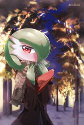 Rule 34 | 1girl, artist name, blurry, blurry background, blush, bob cut, breath, bright pupils, brown coat, brown scarf, christmas lights, coat, cold, colored skin, creatures (company), female focus, game freak, gardevoir, gen 3 pokemon, green hair, green skin, hair over one eye, half-closed eyes, hands up, happy, highres, long sleeves, looking at viewer, multicolored skin, night, nintendo, nose blush, open mouth, outdoors, plaid, plaid scarf, pokemon, pokemon (creature), red eyes, scarf, short hair, signature, smile, solo, standing, tsukkon, twitter username, two-tone skin, upper body, white pupils, white skin, winter clothes