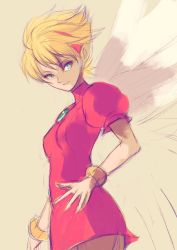 Rule 34 | 1girl, angel wings, blonde hair, bracelet, breasts, breath of fire, breath of fire iii, closed mouth, dress, feathered wings, hairband, highres, jewelry, kannoaki, looking at viewer, nina (breath of fire iii), puffy sleeves, short hair, simple background, solo, white wings, wings