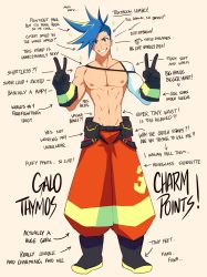 Rule 34 | 1boy, arrow (symbol), asymmetrical hair, black gloves, double v, english text, firefighter, full body, galo thymos, gloves, groin, hair over one eye, highres, igote, male focus, navel, nipples, pouch, promare, sidecut, solo, sparkle, spiked hair, toned, toned male, topless male, undercut, uniform, v