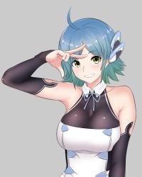 Rule 34 | 1girl, ahoge, bare shoulders, blue hair, blush, breasts, detached sleeves, dream c club, dream c club (series), female focus, green eyes, grey background, grin, hakuduki18, large breasts, looking at viewer, nonono (dream c club), short hair, simple background, smile, solo, upper body, v