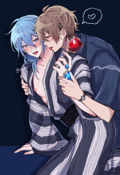 Rule 34 | 2boys, 417 (i7-4i), absurdres, bishounen, blue background, blue eyes, blue hair, brown eyes, brown hair, candy apple, edmond (nu carnival), eiden (nu carnival), food, hair between eyes, heart, highres, holding, holding another&#039;s wrist, holding food, japanese clothes, jinbei (clothes), kimono, licking, licking another&#039;s neck, light blue hair, male focus, multiple boys, nipples, nu carnival, open mouth, spoken heart, tongue, tongue out, twitter username, yaoi, yukata