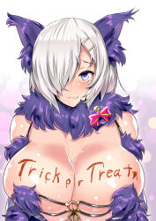 Rule 34 | 1girl, absurdres, animal ears, blue eyes, body writing, breasts, cleavage, commentary request, cosplay, fang, fang out, fate/grand order, fate (series), hair ornament, hair over one eye, hairclip, halloween, halloween costume, hamakaze (kancolle), highres, huge breasts, kantai collection, look-alike, looking at viewer, mash kyrielight, mash kyrielight (dangerous beast), mash kyrielight (dangerous beast) (cosplay), official alternate costume, revision, sankakusui, scarf, shielder (fate/grand order) (cosplay), short hair, silver hair, simple background, solo, trick or treat, wolf ears