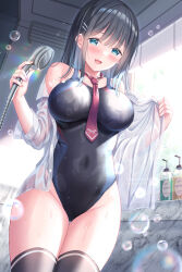 Rule 34 | 1girl, :d, between breasts, black hair, black thighhighs, window blinds, blue eyes, blush, breasts, collared shirt, commentary request, competition swimsuit, covered navel, day, dress shirt, gluteal fold, groin, highleg, highleg swimsuit, highres, holding, indoors, large breasts, long hair, looking at viewer, necktie, necktie between breasts, off shoulder, one-piece swimsuit, open clothes, open mouth, open shirt, original, red necktie, see-through, shirakawako, shirt, shower head, signature, smile, solo, sunlight, swimsuit, swimsuit under clothes, thigh gap, thighhighs, wet, wet clothes, wet shirt, window
