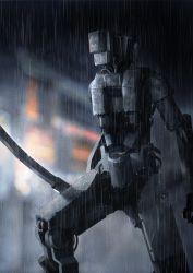 Rule 34 | bad id, bad pixiv id, blurry, blurry background, clenched hand, highres, holding, holding sword, holding weapon, kusami toka naku au, mecha, night, no humans, original, outdoors, rain, robot, science fiction, smiley face, solo, standing, sword, weapon