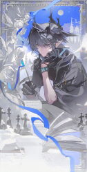 Rule 34 | 1boy, absurdres, angel statue, arknights, bird, black gloves, black horns, blue ribbon, blue sky, book, cathedral, closed mouth, cloud, full moon, gloves, grey hair, hair between eyes, hand on own chin, highres, holding, holding wand, horns, jacket, logos (arknights), male focus, mole, mole under eye, moon, open book, orange eyes, paper, paper roll, picture frame, pointy ears, ribbon, sky, snow, solo, ssr dianji jiu song, statue, tombstone, wand, weibo logo, weibo watermark