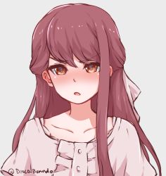 Rule 34 | 1girl, blush, bow, brown eyes, brown hair, collarbone, disco brando, dress, frown, hair bow, hair ribbon, highres, long hair, looking at viewer, nose blush, open mouth, ribbon, rin (shelter), shelter (song), simple background, solo, upper body