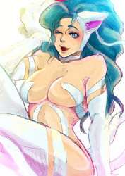 Rule 34 | 1girl, animal ears, animal hands, bare shoulders, blue eyes, blue hair, breasts, capcom, cat ears, cat girl, cat paws, choker, claws, eyelashes, fang, felicia (vampire), female focus, fur, large breasts, long hair, matching hair/eyes, mori crush, one eye closed, simple background, solo, thighhighs, vampire (game), white background, wink