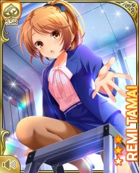 Rule 34 | 1girl, :o, blue bow, blue skirt, bow, brown eyes, brown hair, card (medium), day, girlfriend (kari), indoors, ladder, looking at viewer, office, office lady, official art, open mouth, pantyhose, pink shirt, ponytail, qp:flapper, shirt, skirt, solo, tagme, tamai remi