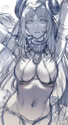 Rule 34 | 1girl, armpits, arms behind head, breasts, genshin impact, hair ornament, harem outfit, hews, highres, large breasts, long hair, looking at viewer, monochrome, navel, nilou (genshin impact), parted lips, sketch, solo, stomach