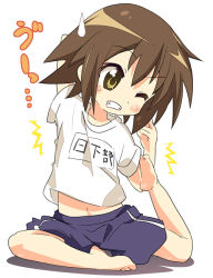 Rule 34 | 00s, ^^^, barefoot, brown eyes, brown hair, character name, full body, gym uniform, ixy, kusakabe misao, lucky star, midriff, navel, plantar flexion, short hair, simple background, solo, stretching, sweatdrop, white background, yoga