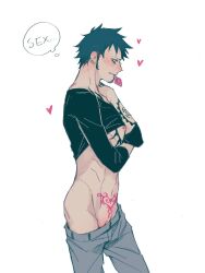 Rule 34 | 1boy, abs, arm tattoo, black hair, blush, chest tattoo, cleft of venus, clothes lift, commentary request, condom, condom wrapper, demorzel, denim, earrings, english text, facial hair, full-face blush, goatee, hand tattoo, heart, heart tattoo, highres, jeans, jewelry, lifting own clothes, male focus, mouth hold, nipple piercing, nipples, one piece, pants, piercing, profile, pubic tattoo, pussy, reverse newhalf, shirt lift, short hair, solo, tattoo, thighs, thought bubble, trafalgar law, yellow eyes