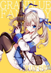 Rule 34 | 1girl, blonde hair, blue eyes, blue skirt, breasts, character name, cleavage, coat, copyright name, cucouroux (granblue fantasy), granblue fantasy, gun, holding, holding gun, holding weapon, hoshikuzu, medium breasts, one eye closed, skirt, thighhighs, twintails, weapon, white coat, yellow background