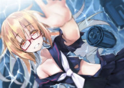 Rule 34 | 10s, 1girl, bad id, blurry, glasses, kantai collection, long hair, looking at viewer, matsuryuu, mochizuki (kancolle), partially submerged, school uniform, serafuku, sinking, skirt, smile, solo, torn clothes, water