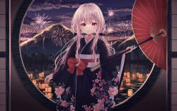 Rule 34 | 1girl, aerial fireworks, black bow, black kimono, bow, cityscape, closed mouth, cloud, cloudy sky, commentary request, fireworks, floral print, grey hair, hair between eyes, hair bow, highres, holding, holding umbrella, japanese clothes, kimono, lantern, long hair, long sleeves, looking at viewer, low twintails, mountain, obi, oil-paper umbrella, original, print kimono, red bow, red eyes, red umbrella, river, round window, sash, shiro (acad1213), sky, solo, sunset, twintails, umbrella, very long hair, water, wide sleeves, window
