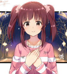 Rule 34 | 10s, 1girl, artist name, bare tree, blunt bangs, brown eyes, brown hair, collarbone, flower, hair flower, hair ornament, hand on own chest, idolmaster, idolmaster cinderella girls, isshiki (ffmania7), jewelry, long sleeves, necklace, night, night sky, ogata chieri, short hair, sky, smile, snowflakes, solo, sweater, tree, two side up, upper body