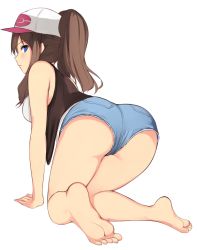Rule 34 | 1girl, all fours, ass, barefoot, baseball cap, blue eyes, blush, brown hair, creatures (company), feet, from behind, game freak, hat, hilda (pokemon), kneeling, kureha (ironika), long hair, looking at viewer, looking back, nintendo, pokemon, ponytail, shorts, simple background, soles, solo, toes, white background