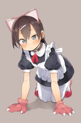 Rule 34 | 1girl, animal ears, animal hands, apron, atage, belt collar, black dress, blush, brown hair, cat ears, claws, collar, copyright request, dress, full body, gloves, grey background, grey eyes, hairband, looking at viewer, maid, medium hair, neck ribbon, pantyhose, parted lips, paw gloves, red footwear, red ribbon, ribbon, shoes, simple background, solo, white apron, white pantyhose