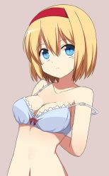 Rule 34 | 1girl, adjusting bra, adjusting clothes, alice margatroid, arms behind back, bad id, bad pixiv id, blonde hair, blue eyes, bow, bra, breasts, cleavage, collarbone, commentary request, enushi (toho193), frilled bra, frilled underwear, frills, hair between eyes, hairband, highres, looking at viewer, mouth hold, navel, purple background, red bow, red hairband, revision, short hair, simple background, solo, strap slip, touhou, underwear, underwear only, undressing, upper body, white bra