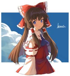 Rule 34 | 1girl, ascot, blue ascot, blue eyes, blue sky, bow, brown hair, closed mouth, cloud, day, detached sleeves, from side, hair bow, hair tubes, hakurei reimu, highres, kurukubouru, light smile, long hair, looking at viewer, red bow, red skirt, signature, skirt, skirt set, sky, solo, touhou, very long hair