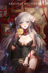 Rule 34 | 1girl, animal, apple, apple caramel, bare shoulders, black dress, breasts, bridal gauntlets, brown thighhighs, bug, butterfly, cleavage, dress, food, fruit, golden apple, groin, hand up, highres, holding, holding food, holding fruit, insect, large breasts, long hair, map, mole, mole on breast, nail polish, original, picture frame, red nails, solo, strapless, strapless dress, thighhighs, very long hair