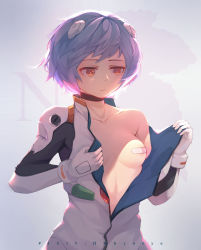 Rule 34 | 1girl, absurdres, ayanami rei, text background, bandaid, bandaids on nipples, black choker, blue hair, bodysuit, breasts, choker, closed mouth, collarbone, english text, gloves, grey background, hair ornament, highres, looking away, looking down, luojiwei, multicolored hair, neon genesis evangelion, off shoulder, one breast out, open bodysuit, open clothes, pasties, pink hair, pixiv username, plugsuit, red eyes, short hair, single bare shoulder, small breasts, solo, two-tone hair, undressing, upper body, white bodysuit, white gloves
